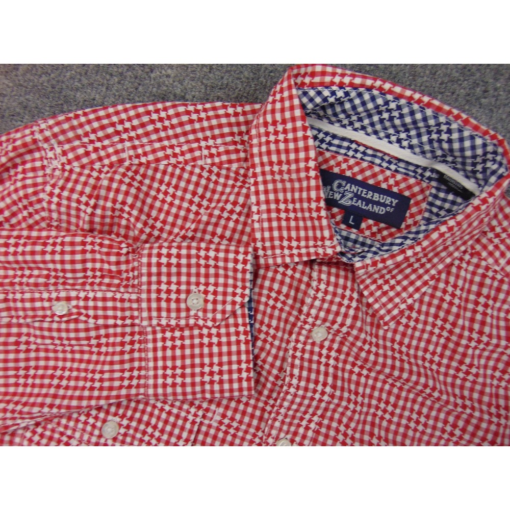 Canterbury of New Zealand Shirt Mens Large Red White Gingham Houndstooth‎ Rugby
